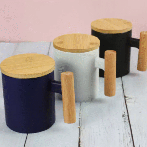 Ceramic Coffee Mugs with Bamboo Handle and Lid 380ml